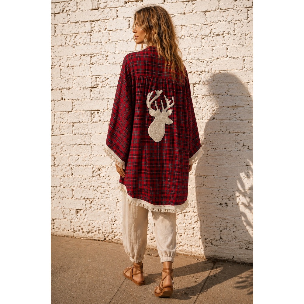 Judith March Red Cotton Plaid Kimono Wrap Deer Applique Fringe Small